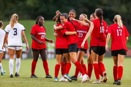 Georgia forward Dani Murguia (4), Georgia defender Taylor Rish (9) during a match against Georgia Southern at the Turner Soccer Complex in Athens, Ga., on Thursday, Aug. 18, 2022. (Photo by Tony Walsh)