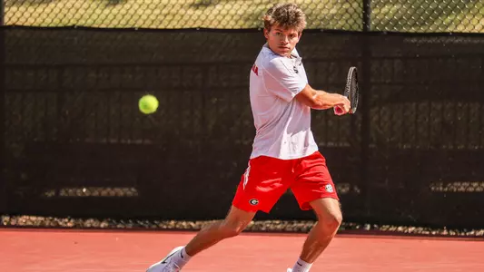Georgia tennis player Britton Johnston during a match against Alabama State in the second round of the 2022 NCAA Division I Menâ??s Tennis Championships at Henry Feild Stadium in Athens, Ga., on Friday, May 6, 2022.(Photo by Mackenzie Miles)