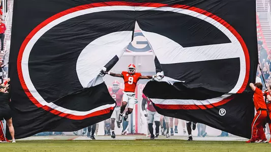 Georgia takes the field led by #9 Jackson Meeks during a game against Samford on Dooley Field at Sanford Stadium in Athens, Ga., on Saturday, Sept. 10, 2022. (Photo by Jack Ozmer)