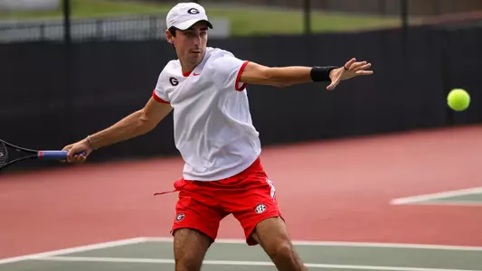 Georgia tennis player Thomas Paulsell during the Southern Intercollegiate Championships against Texas at the Dan Magill Tennis Complex in Athens, Ga., on Friday, Sept. 16, 2022. (Photo by Kayla Renie)
