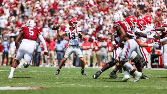 Georgia quarterback Stetson Bennett (13) during a game against South Carolina at Williams-Brice Stadium in Columbia, S.C., on Saturday, Sept. 17, 2022. (Photo by Tony Walsh)