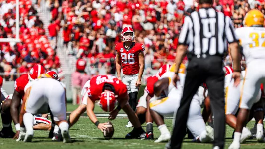 Georgia placekicker Jack Podlesny (96) during a game against Kent State on Dooley Field at Sanford Stadium in Athens, Ga., on Saturday, Sept. 24, 2022. (Photo by Tony Walsh)