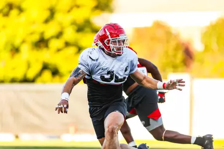 Georgia linebacker Chaz Chambliss (32) during the Bulldogs’ practice session in Athens, Ga., on Monday, Nov. 1, 2021. (Photo by Tony Walsh)