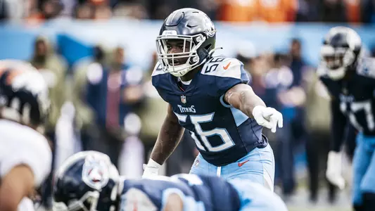 Linebacker Monty Rice #56 of the Tennessee Titans during the game between the Tennessee Titans and the Denver Broncos at Nissan Stadium on November 13, 2022 in Nashville, TN. Photo By Donald Page/Tennessee Titans
