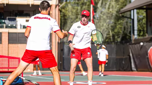 Davis Taylor celebrating a doubles point during the 2023 Southern Intercollegiate Championships.