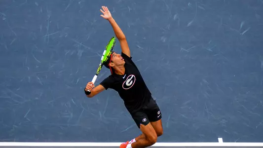 Cyrus Mahjoob preparing to serve during his first-round match at the ITA Southeast Regional Championships on Friday, Oct. 13 hosted by Georgia Tech.