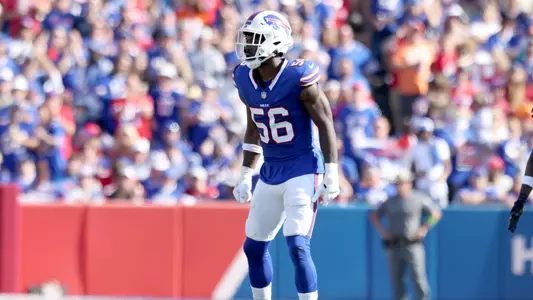 ORCHARD PARK, NEW YORK - OCTOBER 01: Leonard Floyd #56 of the Buffalo Bills lines up during the third quarter against the Miami Dolphins at Highmark Stadium on October 01, 2023 in Orchard Park, New York. (Photo by Bryan Bennett/Getty Images)