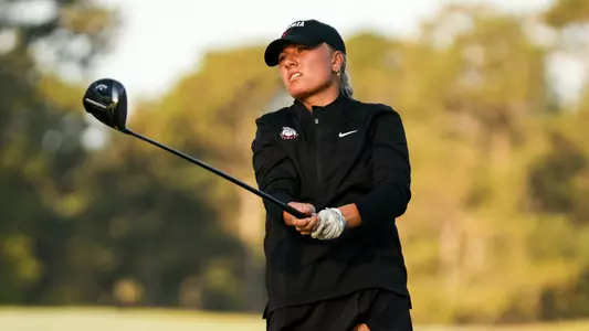 Freshman Celine Brovole Sanne competes in a practice round at the UGA Golf Course (photo by Tony Walsh).