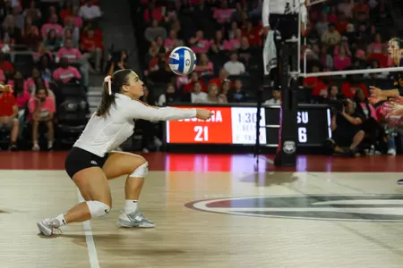 Georgia libero and defensive specialist Mallory Downing (24) during Georgia’s match against the Louisiana State University at Stegman Coliseum in Athens, Ga., on Sunday, Oct. 15, 2023. (Cassie Baker/UGAAA)
