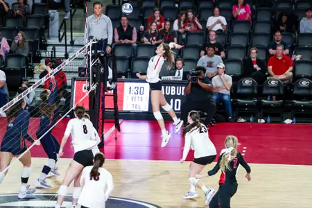 Georgia opposite hitter Tori Harper (1) during Georgia’s match against Auburn at Stegeman Coliseum in Athens, Ga., on Friday, Oct. 27, 2023. (Tony Walsh/UGAAA)