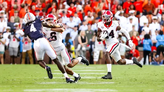 Georgia defensive back Malaki Starks (24) during Georgia’s game against Auburn on Pat Dye Field at Jordan-Hare Stadium in Auburn, Ala., on Saturday, Sept. 30, 2023. (Tony Walsh/UGAAA)