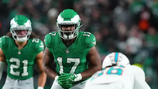 Nakobe Dean of the Philadelphia Eagles lined up pre-snap during the team's game against the Miami Dolphins.
