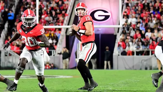 ATHENS, GA —  Georgia quarterback Carson Beck (15) during the 51-13 win by the #1-ranked Georgia Bulldogs over the #20 Wildcats from the University of Kentucky, October 7, 2023 at Sanford Stadium.