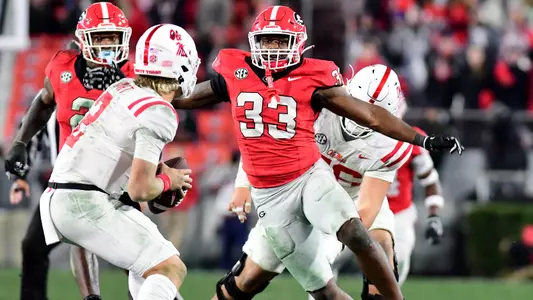 ATHENS, GA — Georgia inside linebacker C.J. Allen (33) during the Georgia Bulldogs’ 52-17 win over the ninth-ranked Ole Miss Rebels, played at Sanford  Stadium in Athens, GA. Photo credit Perry McIntyre/UGA Sports Communications.