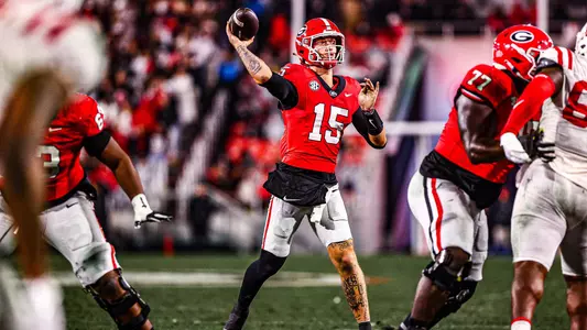 Georgia quarterback Carson Beck (15) during Georgia’s game against Ole Miss on Dooley Field at Sanford Stadium in Athens, Ga., on Saturday, Nov. 11, 2023. (Kari Hodges/UGAAA)