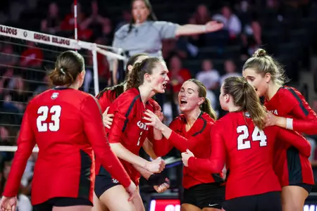 Georgia middle blocker Sophie Fischer (2) during Georgia’s match against Mississippi State at Stegeman Coliseum in Athens, Ga., on Saturday, Oct. 28, 2023. (Tony Walsh/UGAAA)