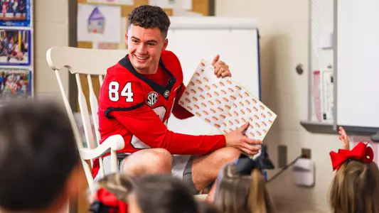 Student-athletes from the University of Georgia football team visited High Shoals Elementary School to read to students in Bishop, Ga., on Wednesday, April 19, 2023. (Tony Walsh/UGAAA)