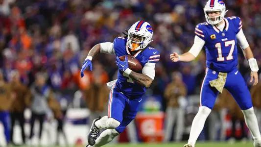 ORCHARD PARK, NY - NOVEMBER 13: James Cook #4 of the Buffalo Bills runs the ball during an NFL football game against the Buffalo Bills at Highmark Stadium on November 13, 2023 in Orchard Park, New York. (Photo by Perry Knotts/Getty Images)