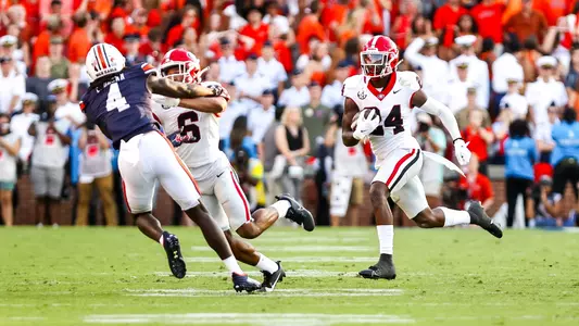 Georgia defensive back Malaki Starks (24) during Georgia’s game against Auburn on Pat Dye Field at Jordan-Hare Stadium in Auburn, Ala., on Saturday, Sept. 30, 2023. (Tony Walsh/UGAAA)
