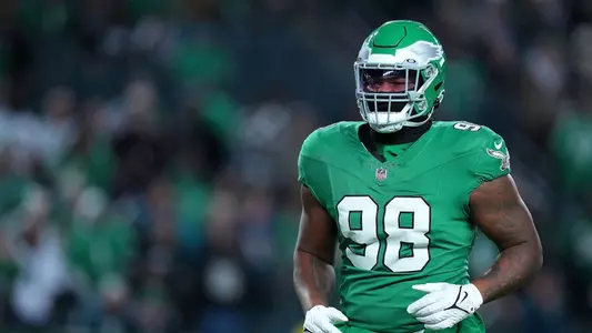 PHILADELPHIA, PENNSYLVANIA - OCTOBER 22: Jalen Carter #98 of the Philadelphia Eagles looks on prior to a game against the Miami Dolphins at Lincoln Financial Field on October 22, 2023 in Philadelphia, Pennsylvania. (Photo by Mitchell Leff/Getty Images)