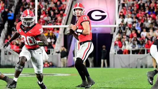 ATHENS, GA — Georgia quarterback Carson Beck (15) during the 51-13 win by the #1-ranked Georgia Bulldogs over the #20 Wildcats from the University of Kentucky, October 7, 2023 at Sanford Stadium.