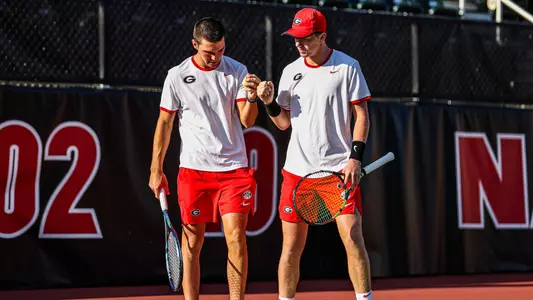 Georgia tennis player Davis Taylor, Georgia tennis player Parker Jacques during Georgia’s first round match of the 2023 Southern Intercollegiate Championships at Henry Feild Stadium inside the Dan Magill Tennis Complex in Athens, Ga., on Friday, September 29, 2023. (Kari Hodges/UGAAA)