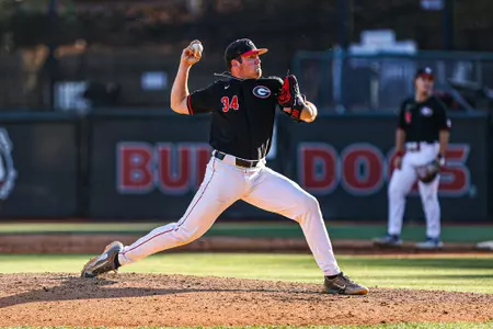 Georgia infielder and pitcher Tyler McLoughlin (34) during Georgia’s game against Kennesaw State at Foley Field in Athens, Ga., on Sunday, Nov. 5, 2023. (Kari Hodges/UGAAA)