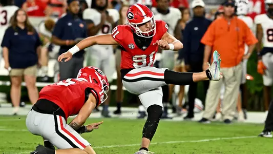 Georgia placekicker Peyton Woodring (91) during a game against UT Martin on Dooley Field at Sanford Stadium in Athens, Ga., on Saturday, September 2, 2023. (photo by Rob Davis)