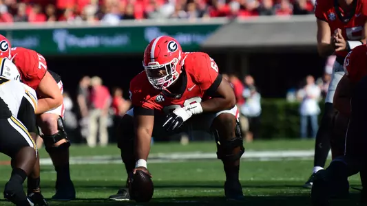 Athens, GA — Georgia offensive lineman Sedrick Van Pran (63) during the Georgia Bulldogs 30-21 win over the Missouri Tigers in a game played November 4, 2023, at Sanford Stadium. Photo credit Perry McIntyre/UGA Sports Communications.
