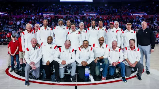Members of Georgia’s 1983 Final Four team were recognized at halftime of Georgia’s game against Kentucky at Stegeman Coliseum in Athens, Ga., on Saturday, Feb. 11, 2023. (Photo by Tony Walsh)