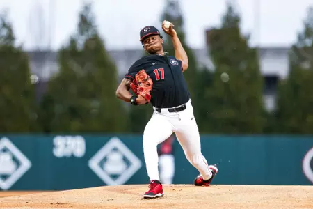 Georgia pitcher Jaden Woods (17) during Georgia’s game against Princeton at Foley Field in Athens, Ga., on Friday, Feb. 24, 2023. (Tony Walsh/UGAAA)