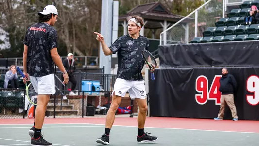 Britton Johnston and Blake Croyder win a doubles point during the match at the ITA Kickoff Weekend event against LSU.