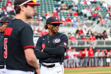 Georgia outfielder Josh Stinson (0) during Georgia’s game against Jacksonville State at Foley Field in Athens, Ga., on Friday, Feb. 17, 2023. (Kari Hodges/UGAAA)