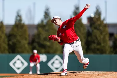 Georgia pitcher Liam Sullivan (14) during a game against Jacksonville State at Foley Field in Athens, Ga., on Saturday, Feb. 18, 2023. (Tony Walsh/UGAAA)