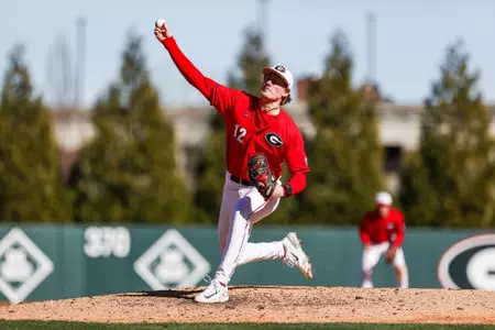 Georgia pitcher Leighton Finley (12) during a game against Jacksonville State at Foley Field in Athens, Ga., on Saturday, Feb. 18, 2023. (Tony Walsh/UGAAA)