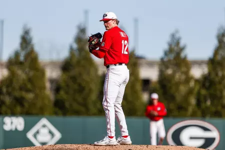 Georgia pitcher Leighton Finley (12) during a game against Jacksonville State at Foley Field in Athens, Ga., on Saturday, Feb. 18, 2023. (Tony Walsh/UGAAA)