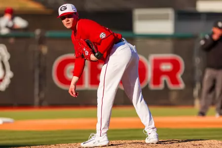 Georgia pitcher Pace Mercer (9) during Georgia’s game against Jacksonville State at Foley Field in Athens, Ga., on Saturday, Feb. 18, 2023. (Tony Walsh/UGAAA)