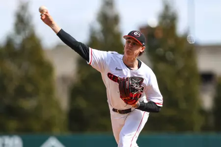 Georgia pitcher Blake Gillespie (20) during Georgia’s game against Jacksonville State at Foley Field in Athens, Ga., on Sunday, Feb. 19, 2023. (Kari Hodges/UGAAA)