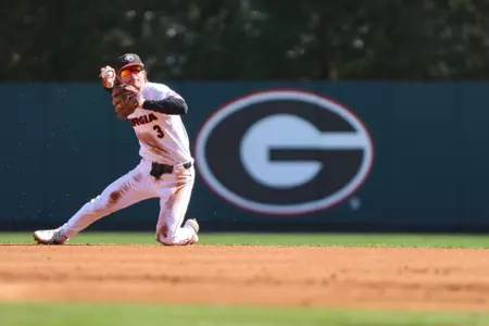 Georgia infielder Mason LaPlante (3) during Georgia’s game against Jacksonville State at Foley Field in Athens, Ga., on Sunday, Feb. 19, 2023. (Kari Hodges/UGAAA)
