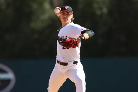 Georgia pitcher Blake Gillespie (20) during Georgia’s game against Jacksonville State at Foley Field in Athens, Ga., on Sunday, Feb. 19, 2023. (Kari Hodges/UGAAA)