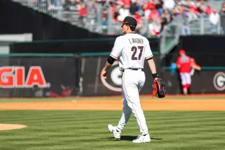Georgia pitcher Luke Wagner (27) during Georgia’s game against Jacksonville State at Foley Field in Athens, Ga., on Sunday, Feb. 19, 2023. (Kari Hodges/UGAAA)