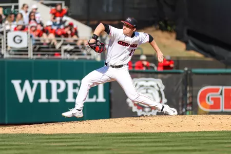 Georgia pitcher Luke Wagner (27) during Georgia’s game against Jacksonville State at Foley Field in Athens, Ga., on Sunday, Feb. 19, 2023. (Kari Hodges/UGAAA)