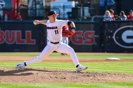 Georgia pitcher Nolan Crisp (11) during Georgia’s game against Jacksonville State at Foley Field in Athens, Ga., on Sunday, Feb. 19, 2023. (Kari Hodges/UGAAA)
