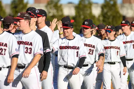 Georgia infielder Josh Tate (1)  during Georgia’s game against Jacksonville State at Foley Field in Athens, Ga., on Sunday, Feb. 19, 2023. (Kari Hodges/UGAAA)