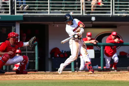 Georgia catcher Fernando Gonzalez (13) during Georgia’s game against Jacksonville State at Foley Field in Athens, Ga., on Sunday, Feb. 19, 2023. (Kari Hodges/UGAAA)