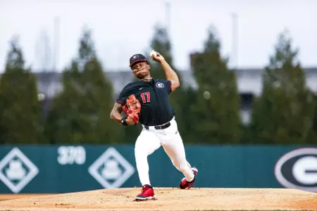 Georgia pitcher Jaden Woods (17) during Georgia’s game against Princeton at Foley Field in Athens, Ga., on Friday, Feb. 24, 2023. (Tony Walsh/UGAAA)