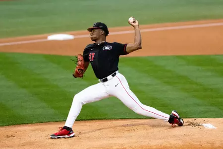 Georgia pitcher Jaden Woods (17) during a game against Princeton at Foley Field in Athens, Ga., on Friday, Feb. 24, 2023. (photo by Rob Davis)