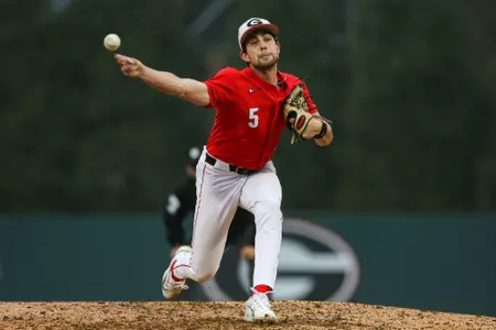 Georgia pitcher Will Pearson (5) during Georgia’s game against Princeton at Foley Field in Athens, Ga., on Saturday, Feb. 25, 2023. (Kari Hodges/UGAAA)