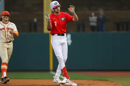 Georgia outfielder Garrett Spikes (7) during Georgia’s game against Princeton at Foley Field in Athens, Ga., on Saturday, Feb. 25, 2023. (Kari Hodges/UGAAA)