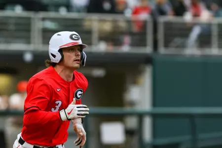 Georgia infielder Mason LaPlante (3) during Georgia’s game against Princeton at Foley Field in Athens, Ga., on Saturday, Feb. 25, 2023. (Kari Hodges/UGAAA)